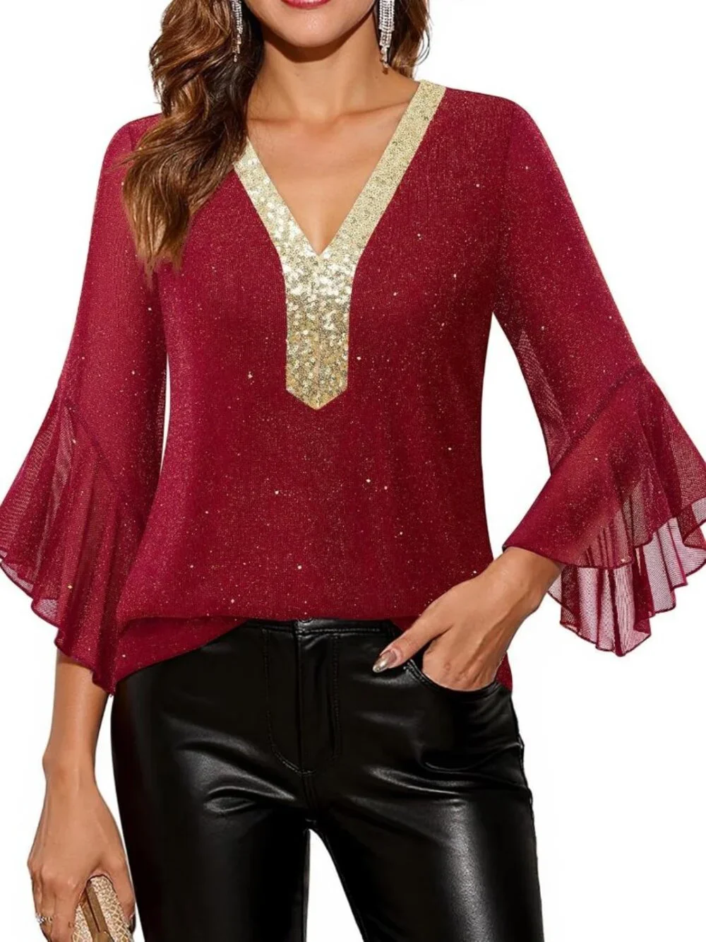 Ruffle 3/4 Sleeve Sparkly Sequin V Neck Blouse - Dressy Fall Top for Women